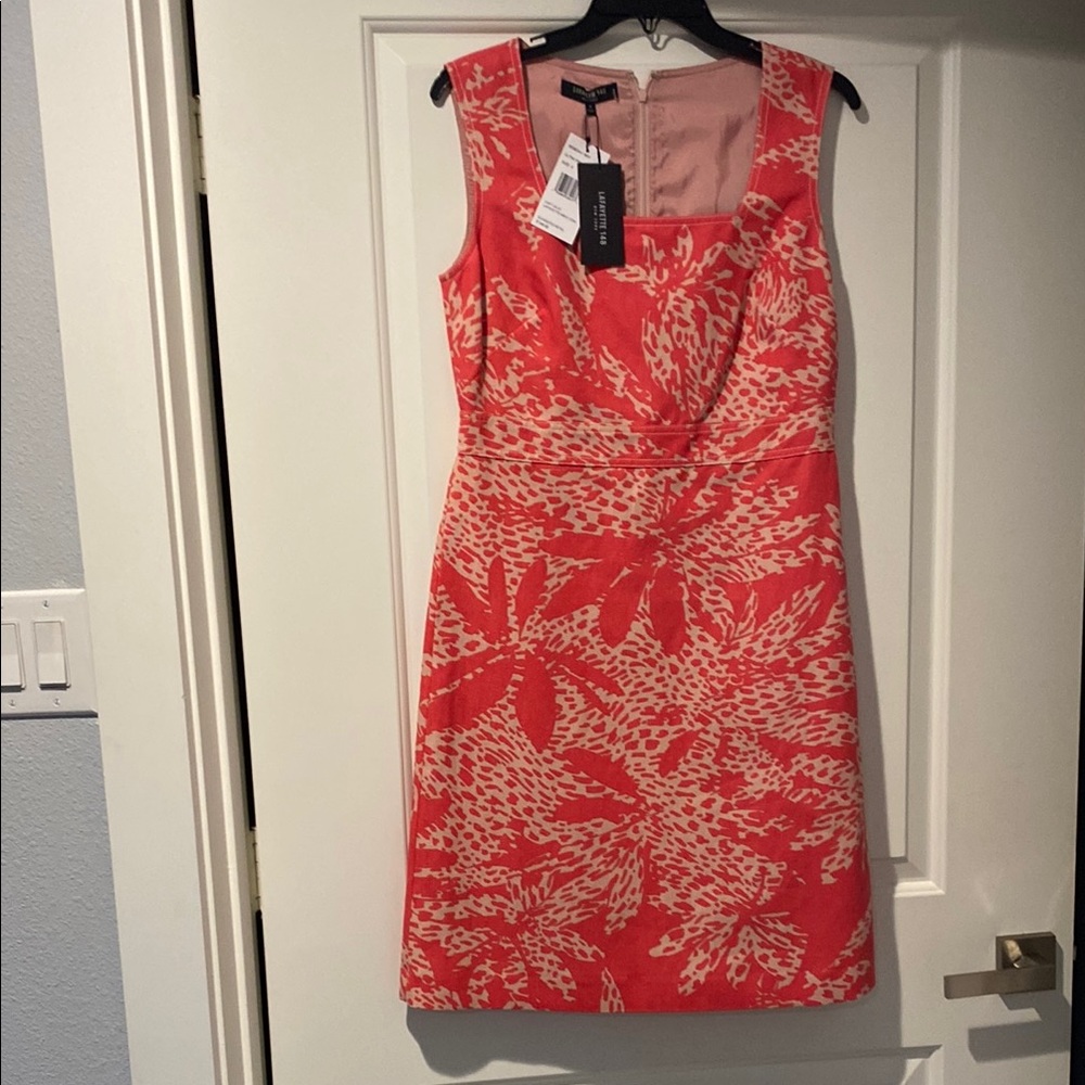 NWT; Lafayette 148 NY tailored Orange Sheath lined  Dress 50% Linen, 37% cotton